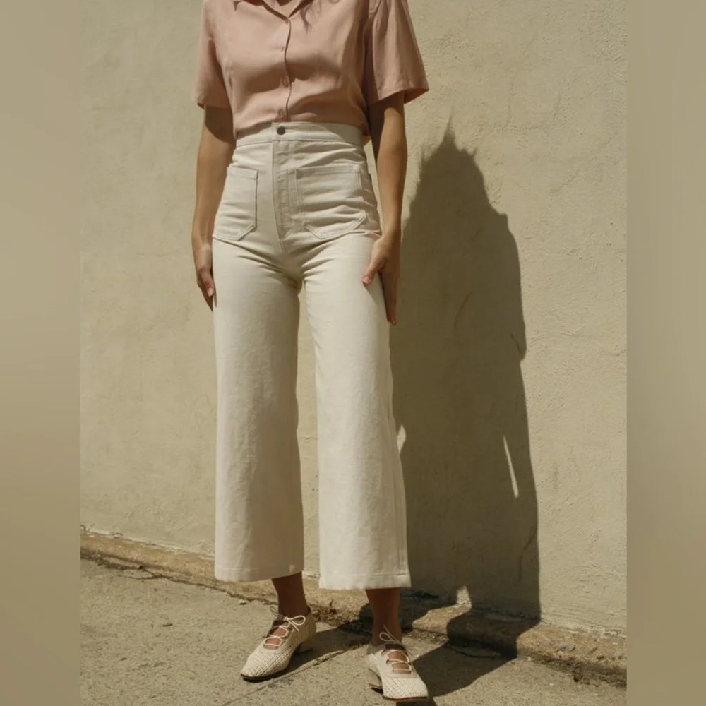 NWOT Lykke Wullf Sandi Pants M ~ Cream High Waisted Wide-Leg Cropped Jeans - Picture 5 of 6